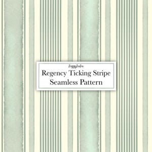 May include: A seamless pattern with vertical stripes in pale green and off-white. The design features a watercolor effect with irregular edges. The text "Regency Ticking Stripe Seamless Pattern" is displayed on a white rectangular label.