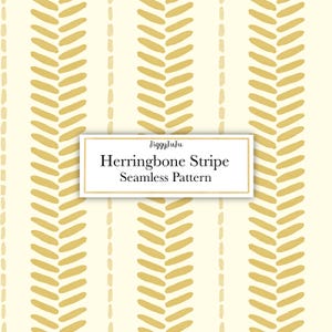 May include: Seamless pattern featuring vertical herringbone stripes in a warm yellow hue against a cream background. The design includes dashed lines between the herringbone patterns. The text "Herringbone Stripe Seamless Pattern" is displayed in a white rectangle.