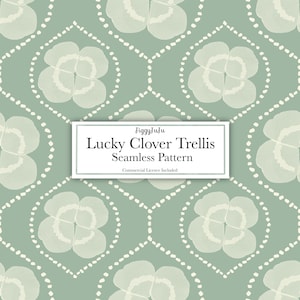May include: Seamless pattern featuring a repeating design of four-leaf clovers in a light green and white color scheme. The clovers are arranged within a hexagonal trellis pattern. The text "Lucky Clover Trellis Seamless Pattern" is displayed on a white rectangle.