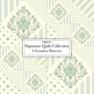 May include: A digitally created image featuring six seamless quilt patterns. The patterns include damask floral designs, polka dots, stripes, and chevron patterns in shades of cream, light blue, and sage green. The text "JiggyJuju Signature Quilt Collection 6 Seamless Patterns" is displayed.