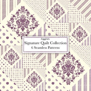 Op de afbeelding: Een patchwork ontwerp in crème en paars, met bloemen damast, stippen, strepen en chevron patronen. De tekst op de afbeelding luidt "JiggyJuju Signature Quilt Collection 6 Seamless Patterns".