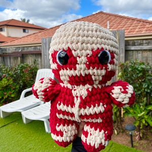 Puede incluir: Un peluche hecho a mano con ganchillo en colores rojo y crema. El juguete tiene ojos grandes y saltones y un dise&ntilde;o detallado que se asemeja a un personaje de una serie de anime. El peluche se sostiene sobre un fondo de hierba verde y un barrio residencial.