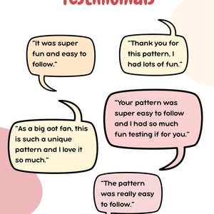 Puede incluir: Gr&aacute;fico con la palabra "Testimonials" en rojo. Globos de di&aacute;logo con comentarios de clientes sobre un patr&oacute;n de crochet, con frases como "super divertido y f&aacute;cil de seguir."