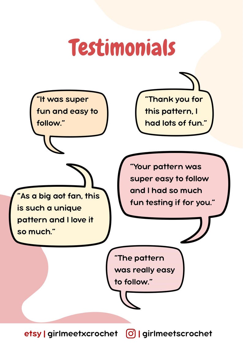 Puede incluir: Gr&aacute;fico con la palabra "Testimonials" en rojo. Globos de di&aacute;logo con comentarios de clientes sobre un patr&oacute;n de crochet, con frases como "super divertido y f&aacute;cil de seguir."