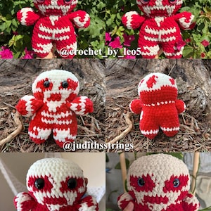 Puede incluir: Mu&ntilde;ecos de peluche de ganchillo rojos y blancos con grandes ojos negros. Los mu&ntilde;ecos tienen un dise&ntilde;o esquel&eacute;tico, con el texto "@crochet_by_leo5", "@judithstrings", "@crochet.haven16" y "@catclawcrochet" visibles.