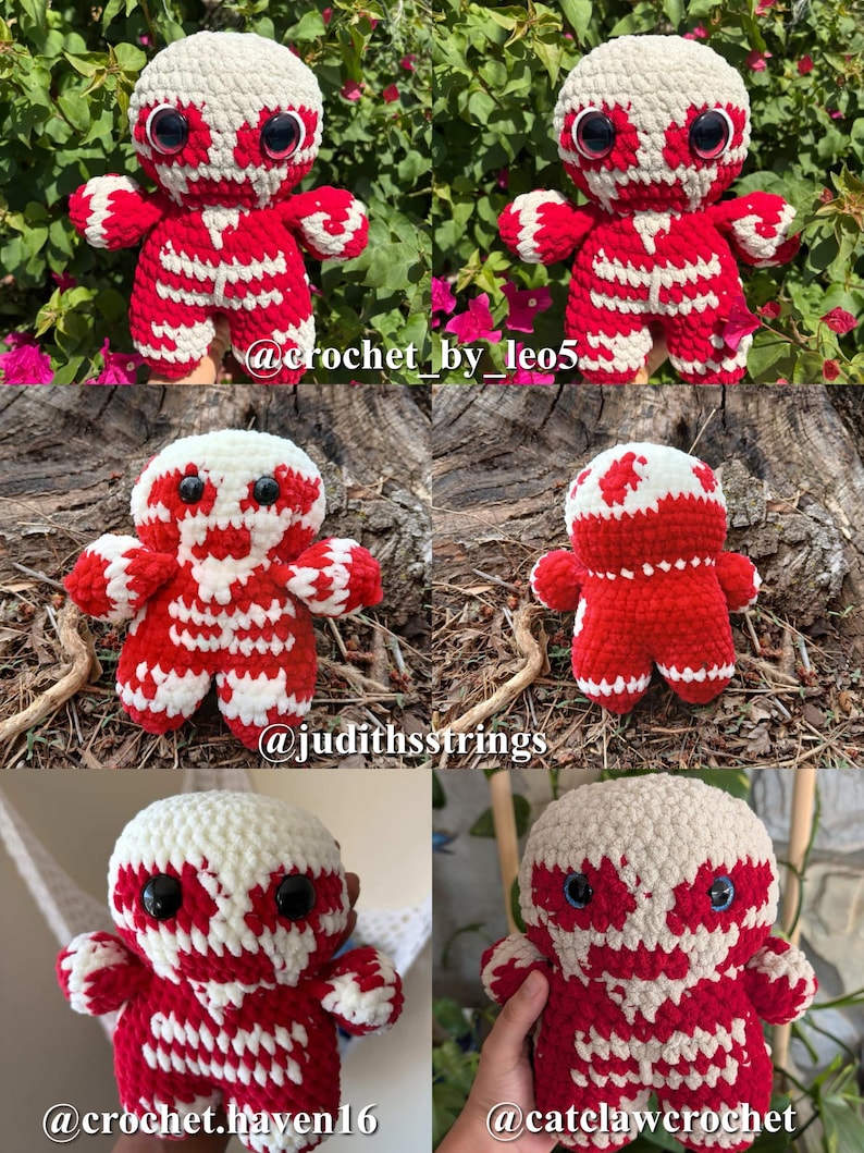 Puede incluir: Mu&ntilde;ecos de peluche de ganchillo rojos y blancos con grandes ojos negros. Los mu&ntilde;ecos tienen un dise&ntilde;o esquel&eacute;tico, con el texto "@crochet_by_leo5", "@judithstrings", "@crochet.haven16" y "@catclawcrochet" visibles.