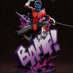 May include: A detailed figurine of a blue-skinned character in a dynamic pose, wielding two swords. The figure is clad in a red and black suit, with a purple "BAM!" text base. The base has a textured, spiky design.