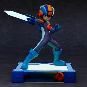 May include: A blue, orange, and purple action figure of a character holding a sword. The figure is standing on a blue and white platform. The character is wearing a helmet and boots.