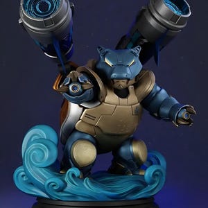 Peut inclure: Figurine bleue et dorée d'une créature ressemblant à une tortue avec deux grands canons sur le dos. La figurine est posée sur une base avec des détails bleus ressemblant à de l'eau. La figurine a une expression sévère.