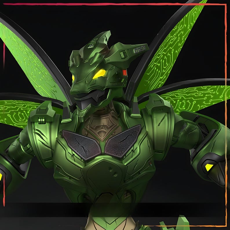 May include: A detailed, green robotic figure with insect-like wings and glowing yellow eyes. The figure has a metallic appearance with intricate circuit board patterns on the wings. The design suggests a futuristic or science fiction theme.