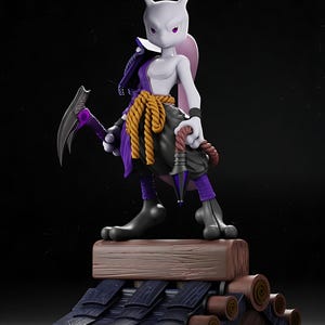 May include: A detailed figurine of a purple and white character with a weapon, standing on a wooden structure. The character wears a black and purple outfit with gold rope accents. The figure has a determined expression.