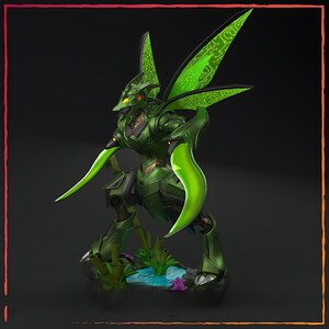 May include: A detailed green and black robotic insectoid figure with large, curved blades and circuit board-like wings. The figure stands on a rocky base with a small pond and purple accents, set against a dark background.