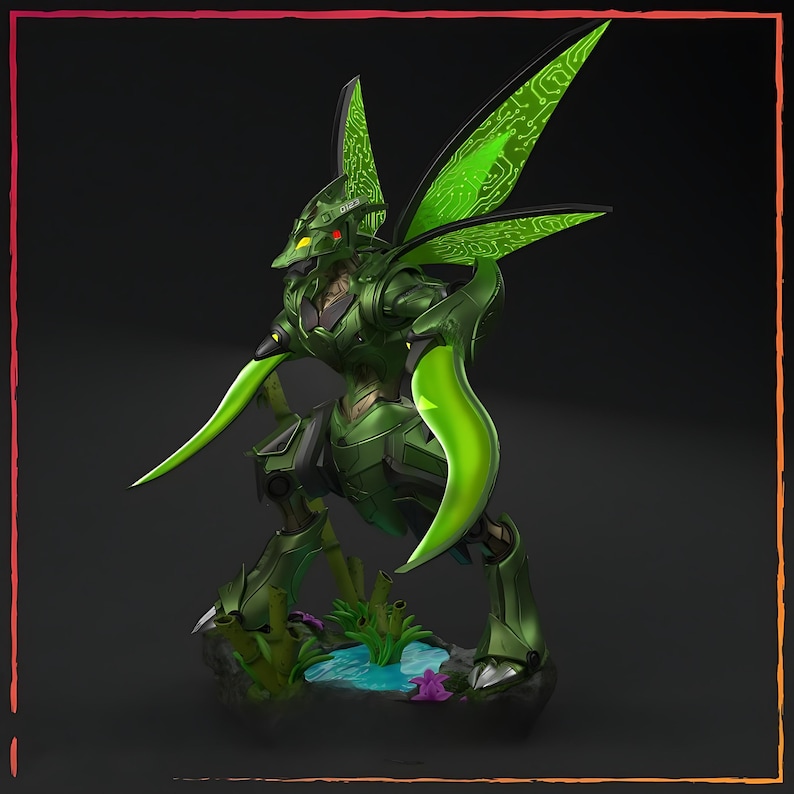 May include: A detailed green and black robotic insectoid figure with large, curved blades and circuit board-like wings. The figure stands on a rocky base with a small pond and purple accents, set against a dark background.