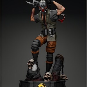 May include: A detailed figurine of a character from the Mortal Kombat video game series. The figure is posed with weapons and stands on a base with skulls. The character wears a mask and military-style clothing. The base features the Mortal Kombat logo.