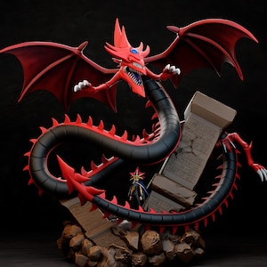 May include: A detailed figurine of a red and black dragon with outstretched wings and sharp claws. The dragon is posed with its mouth open, revealing sharp teeth. A small figure stands near a stone tablet with hieroglyphs. The base is a rocky terrain.