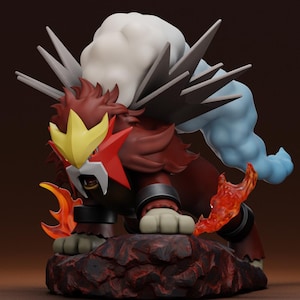 Könnte beinhalten: Detaillierte Figur einer Kreatur mit rotem und braunem Körper, gelbem und rotem Gesicht und einer weißen, wolkenartigen Mähne. Die Figur steht auf einem strukturierten, rötlich-braunen Sockel, mit Flammen, die von ihren Pfoten ausgehen.