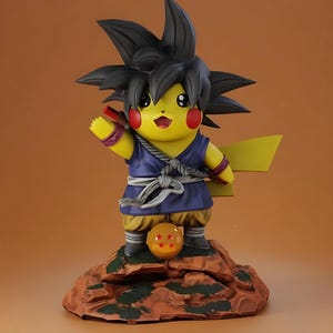 May include: A yellow Pikachu figure with black spiky hair and red cheeks, dressed in a blue and white outfit. The figure is standing on a rocky base with an orange and yellow ball. The figure is a fusion of Pikachu and Goku.