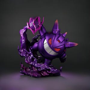 May include: A purple figurine of a Gengar character with a menacing grin and red eyes. The figure is surrounded by a swirling, dark purple, smoky effect. The figurine has sharp, angular features and is set against a dark background.