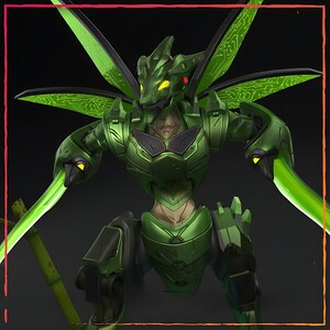 May include: A green robotic figure with insect-like wings and glowing yellow eyes. The figure is holding two glowing green blades. The design incorporates circuit board patterns on the wings and body, suggesting a technological theme.
