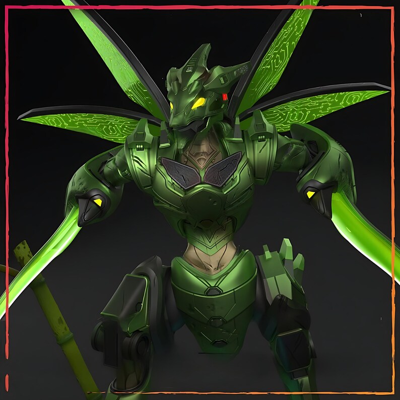 May include: A green robotic figure with insect-like wings and glowing yellow eyes. The figure is holding two glowing green blades. The design incorporates circuit board patterns on the wings and body, suggesting a technological theme.