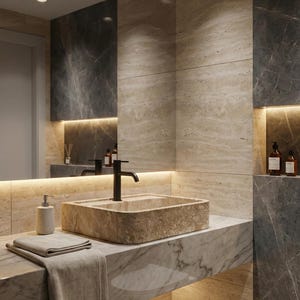 Op de afbeelding: Een moderne badkamer met een rechthoekige stenen wastafel en een zwarte kraan. De wastafel staat op een marmeren aanrecht met een bijpassende achterwand. Een grijze handdoek en zeepdispenser staan op het aanrecht. De muren zijn lichtbeige met donkergrijze marmeren accenten.