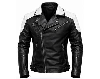 Men’s Black Leather Biker Jacket – White Quilted Motorcycle Moto Racer Jacket