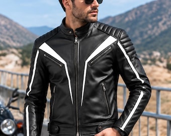 Herrmotorcykeljacka i fårskinnsläder, svart biker-stil i cafe racer-stil