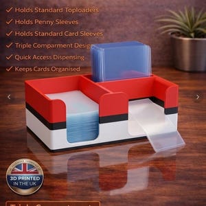 May include: A red, white, and black plastic trading card desk storage organiser with three compartments. The text reads: TOPLOADER & PENNY SLEEVE STORAGE / ORGANISER / DISPENSER, Trading Card Desk Storage, Holds Standard Toploaders, Holds Penny Sleeves, Holds Standard Card Sleeves, Triple Compartment Design, Quick Access Dispensing, Keeps Cards Organised, 3D PRINTED IN THE UK, Triple Compartments, Separate storage for toploaders, penny sleeves & standard sleeves.