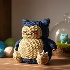 May include: A knitted Snorlax plush toy in navy blue and tan. The toy features closed eyes, red cheeks, and small white claws. A Bulbasaur figurine is visible in the background.