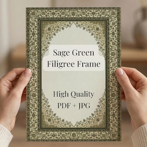 Sage Green Filigree Frame, Olive Floral Arabesque Border, Vintage Ornate Design,  Rug Inspired High Resolution Digital Download DIY
