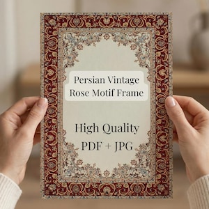 Puede incluir: Un marco rectangular con un motivo de rosa vintage persa. El marco tiene un centro color crema con un borde decorativo en tonos de rojo, dorado y crema. El texto en el marco dice "Persian Vintage Rose Motif Frame" y "High Quality PDF + JPG."