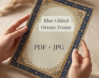 Moldura azul e dourada, borda com design de filigrana árabe, estilo do Oriente Médio, download digital de alta resolução inspirado em tapetes (faça você mesmo).