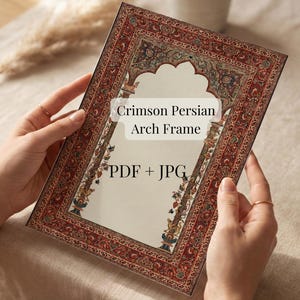 Puede incluir: Un marco rectangular persa carmesí con forma de arco y un interior crema. El marco presenta intrincados patrones florales y geométricos en rojo, azul y dorado. El texto "Crimson Persian Arch Frame" y "PDF + JPG" es visible.
