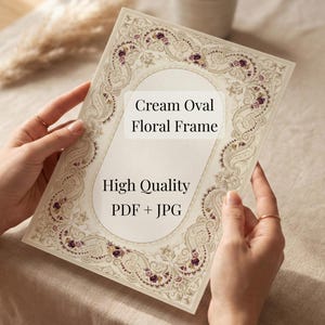 May include: A cream-colored card with an oval floral frame design. The card features the text "Cream Oval Floral Frame" and "High Quality PDF + JPG". The floral border includes purple and cream-colored accents.