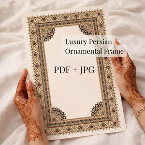 Puede incluir: Un marco ornamental rectangular con fondo beige y diseños de borde intrincados en tonos marrón, dorado y negro. El texto "Luxury Persian Ornamental Frame" y "PDF + JPG" se muestra en el marco.