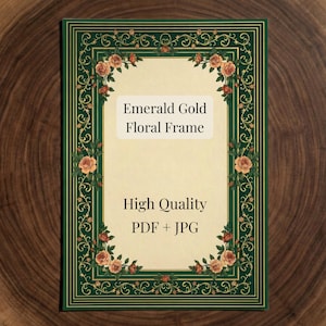 Emerald Gold Botanical Frame, Forest Green Art Nouveau Rose Border, Floral Scroll Printable, Jewel Tone Vintage Garden Certificate A3 A4