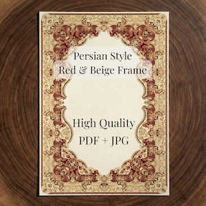 Op de afbeelding: Een rechthoekige kaart met een Perzisch ogende rode en beige lijst. De tekst op de kaart luidt "Persian Style Red & Beige Frame" en "High Quality PDF + JPG". De kaart heeft een sierlijk ontwerp.