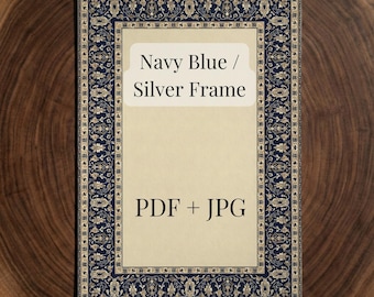 Marineblau / Silberrahmen, dekorative Hochzeitsbordüre, Persische Traditionelle Digitale Datei, Arabischer Stil Detailliertes Muster mit hoher Auflösung