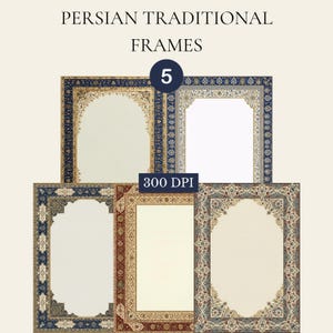 May include: Five Persian traditional frames with detailed borders in blue, red, and gold. Each frame features a central arch shape with a cream background. The text "PERSIAN TRADITIONAL FRAMES" is at the top of the image.