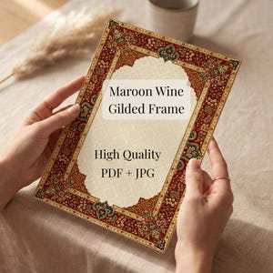 Peut inclure: Un cadre numérique rectangulaire avec une bordure marron ornée de motifs floraux et dorés complexes. Le centre est crème avec le texte Maroon Wine Gilded Frame, High Quality, PDF + JPG imprimé en noir.