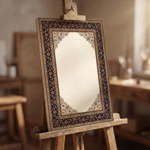 Pode incluir: Uma moldura retangular ornamentada com uma borda floral em tons de castanho, azul marinho e bege, exibida em um cavalete de madeira. O design sugere um espelho ou uma obra de arte com uma borda detalhada e estampada.
