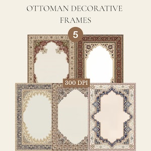 May include: Five Ottoman decorative frames with intricate patterns and arch-shaped openings. The frames feature a variety of colors, including red, blue, and beige, with detailed floral and geometric designs. The text "OTTOMAN DECORATIVE FRAMES" and "5" are visible.
