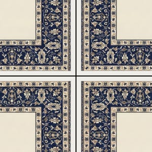 Puede incluir: Patr&oacute;n cuadrado con cuatro secciones de un dise&ntilde;o de alfombra tradicional. Cada secci&oacute;n tiene un centro color crema, enmarcado por un borde azul marino con motivos florales y paisley en beige y crema. El dise&ntilde;o es sim&eacute;trico.