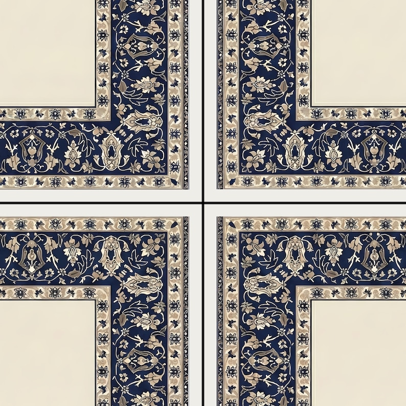 Puede incluir: Patr&oacute;n cuadrado con cuatro secciones de un dise&ntilde;o de alfombra tradicional. Cada secci&oacute;n tiene un centro color crema, enmarcado por un borde azul marino con motivos florales y paisley en beige y crema. El dise&ntilde;o es sim&eacute;trico.