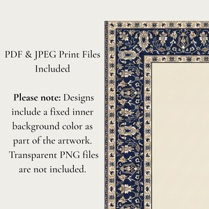 Puede incluir: Una obra de arte digital con un fondo crema y un borde azul marino con patrones florales y de desplazamiento. El texto a la izquierda dice "PDF & JPEG Print Files Included" y otros detalles sobre la obra de arte.