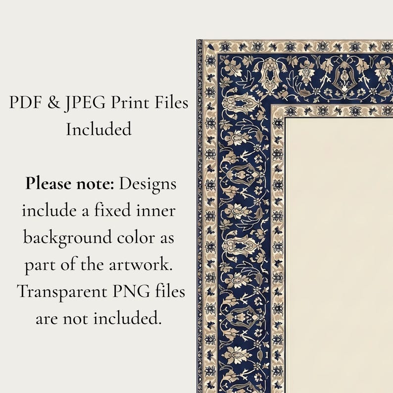 Puede incluir: Una obra de arte digital con un fondo crema y un borde azul marino con patrones florales y de desplazamiento. El texto a la izquierda dice "PDF & JPEG Print Files Included" y otros detalles sobre la obra de arte.
