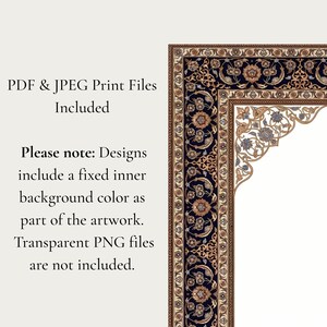 Pode incluir: Um design de impress&atilde;o digital com uma borda detalhada em azul marinho, bege e dourado. O design inclui padr&otilde;es florais e o texto "PDF & JPEG Print Files Included" e "Observa&ccedil;&atilde;o: Os designs incluem uma cor de fundo interna fixa como parte da obra de arte."