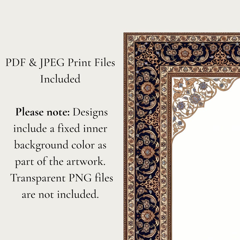 Pode incluir: Um design de impress&atilde;o digital com uma borda detalhada em azul marinho, bege e dourado. O design inclui padr&otilde;es florais e o texto "PDF & JPEG Print Files Included" e "Observa&ccedil;&atilde;o: Os designs incluem uma cor de fundo interna fixa como parte da obra de arte."