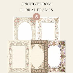 Spring Garden Floral Frames, Victorian Botanical Filigree Border, Bohemian Ornate Stationery Blank Template, Set Of 5 Romantic Templates