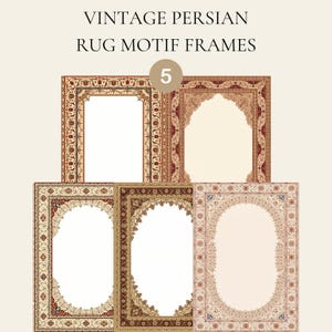 Paquete de marcos con motivos de alfombras Kashan, bordes de medallones ovalados con arcos mixtos, juego de 5 paquetes imprimibles de alfombras de Isfahán, certificado de papelería Heritage